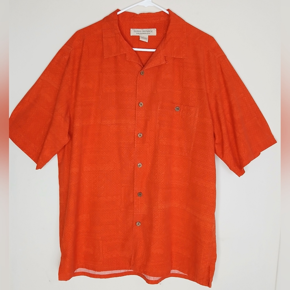 Men's Island Republic Silk Orange Marlin Fish Print Button Down Shirt
